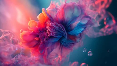 Abstract macro bloom with swirling pink and blue plumes.