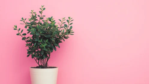 Potted evergreen shrub against uniform pink chromatic backdrop.