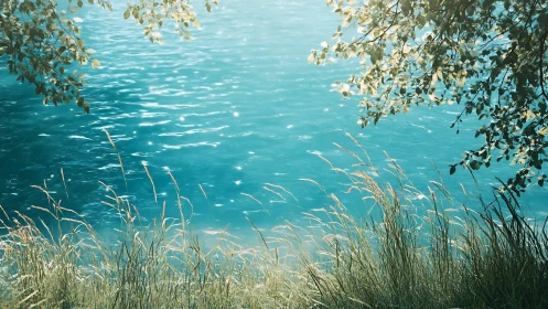 Calm lakeside water with sunlit reeds and foliage.