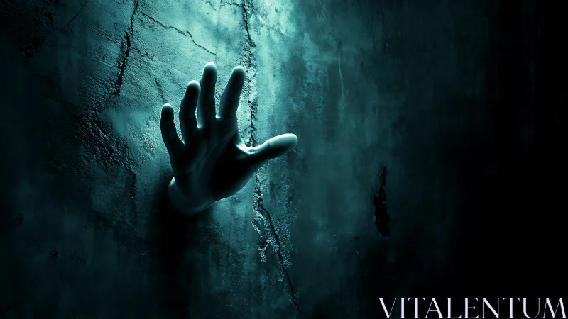 Ghostly hand reaches through cracked wall in eerie light.