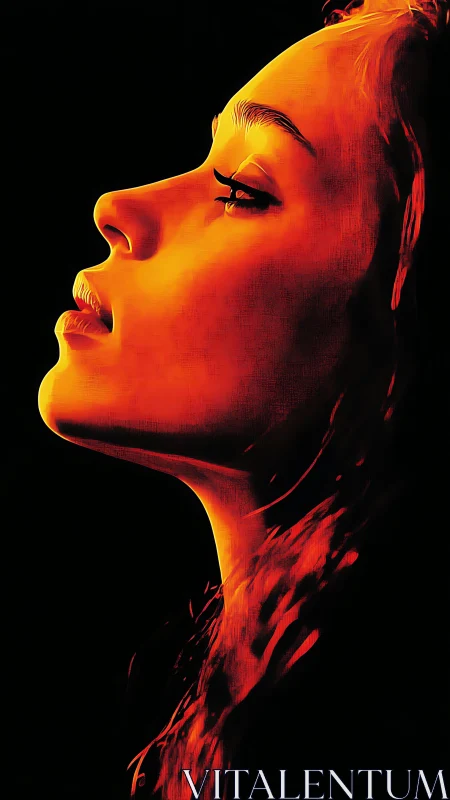 Side profile portrait glows in fiery red against black void