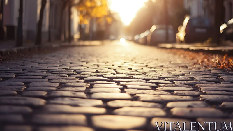 Sunlit cobblestone street glows softly in warm autumn light.