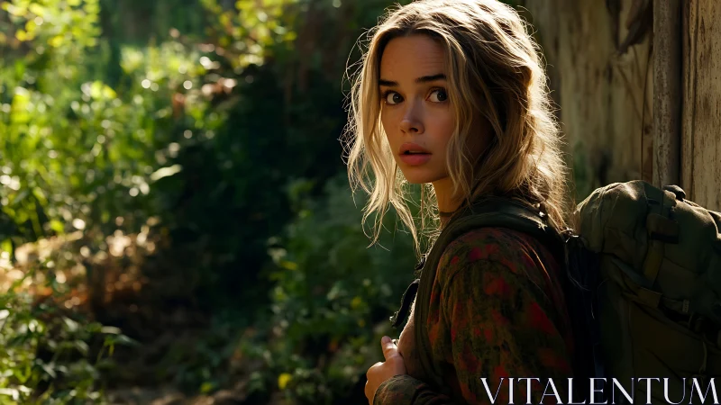 Photorealistic portrait of tense hiker in sunlit overgrowth.