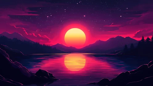 Sunset over mountain lake with vivid magenta sky reflection.