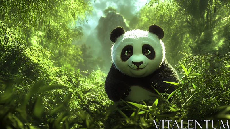 Cute cartoon panda resting in lush sunlit bamboo forest.
