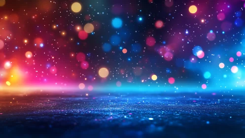 Colorful bokeh lights drift above a glowing abstract surface
