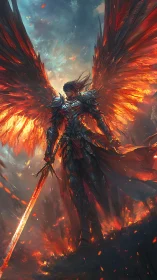 Flaming winged warrior stands amid storm and embers of war.