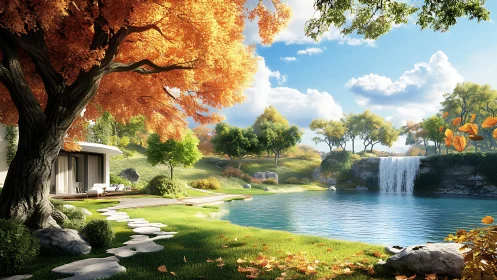 High-detail 3D lakeside villa with autumn foliage and waterfall lighting