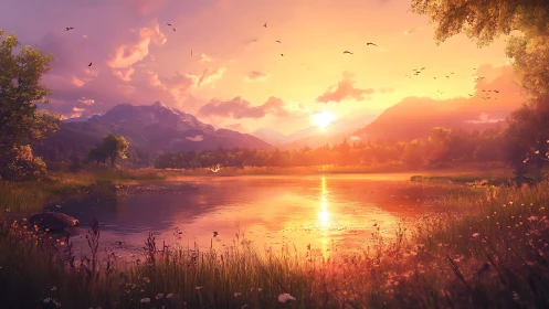 Lakeside meadow at golden hour with distant alpine mountain range.