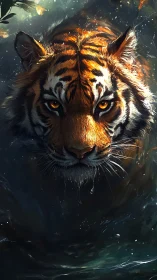 Tiger swimming forward under dramatic directional lighting