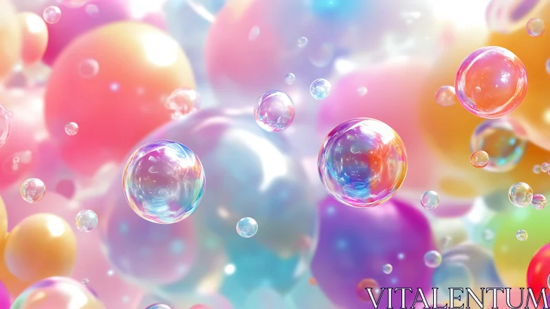 Iridescent soap bubbles drift across a dreamy pastel cloudscape
