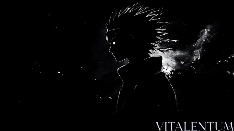 Silhouette of spiky haired anime figure on dark background.