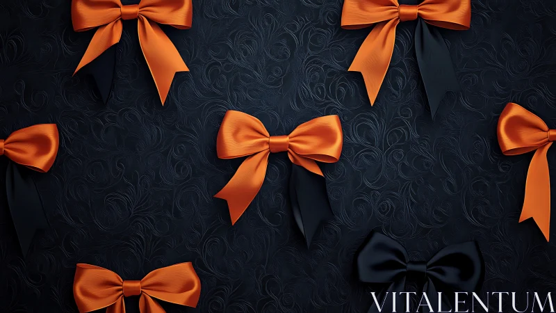 Elegant Orange Bows on Ornate Dark Damask Background Pattern.
