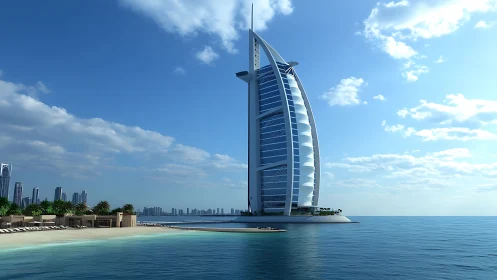 Sailform offshore hotel tower under clear coastal daylight sky.