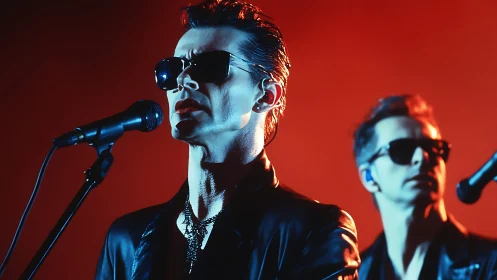 Neon lit rock vocalists in leather on dramatic red stage.