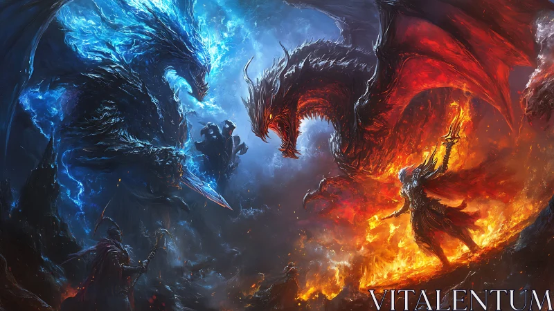 Elemental dragon duel ignites warriors in stormfire abyss.