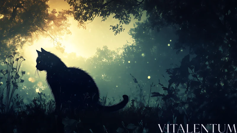 Silhouetted Feline Sentinel in Luminous Nocturnal Landscape