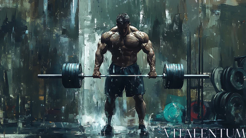 Muscular man lifting loaded barbell in abstract gym setting.