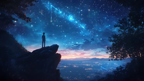 Celestial vista digital painting with silhouetted cliff observer.