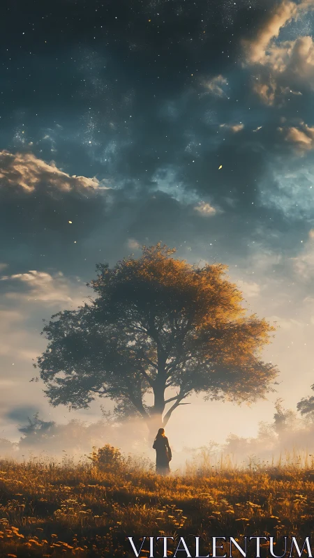Solitary figure stands beneath illuminated tree at dusk
