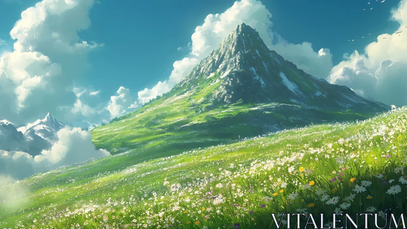 Green mountain slope and wildflower meadow under blue sky.