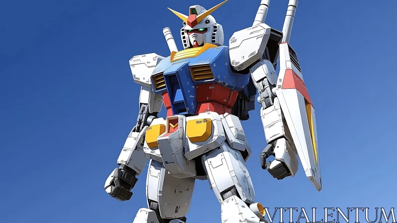 Giant heroic mecha standing proud under a clear blue sky.