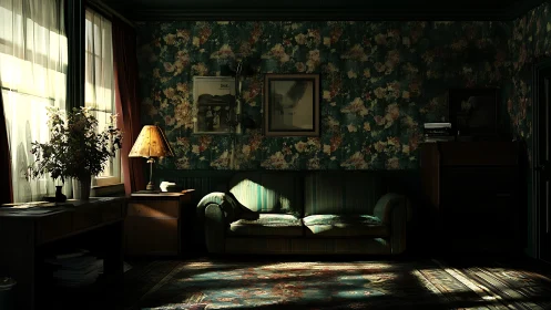 Sunlit living room interior shows patterned walls and sofa