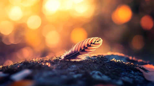 Soft feather on moss in dreamy golden bokeh landscape photograph.