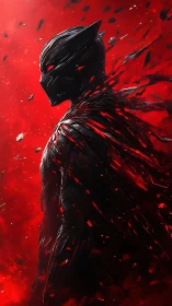 Armored feline-themed figure in red particle field.