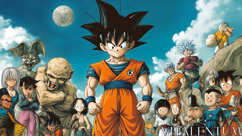 Central martial figure with surrounding anime characters group.