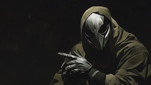 Hooded figure in bird skull mask sits against black void