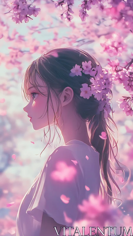 Side profile anime girl among soft pink blossoms.