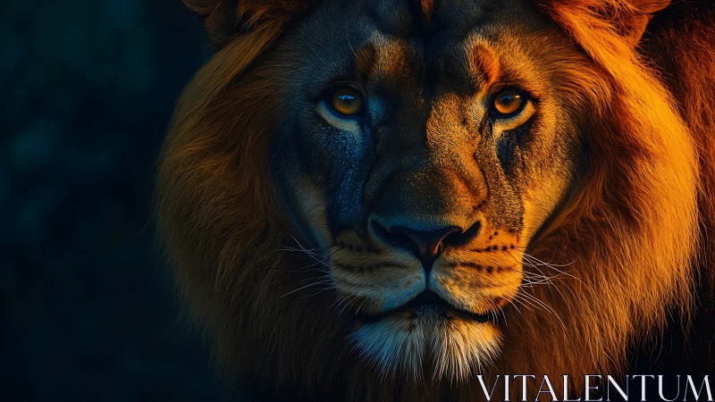 Golden lion watching the dusk with calm, steady courage.