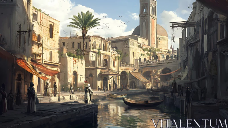 Mediterranean canal cityscape in warm architectural concept art.