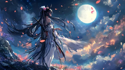 Moonlit anime swordswoman under glowing sky at night.