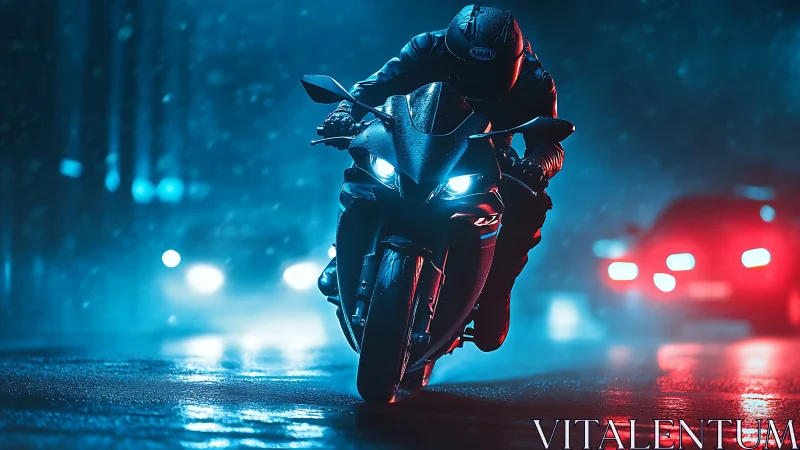 Neon-soaked sportbike charging through rainy night streets.