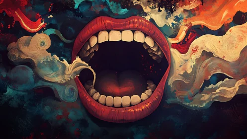 Surreal red mouth exhales swirling abstract color clouds