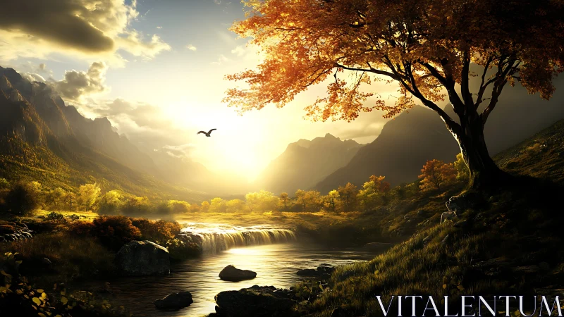 Golden sunset illuminates tranquil river and autumn valley.
