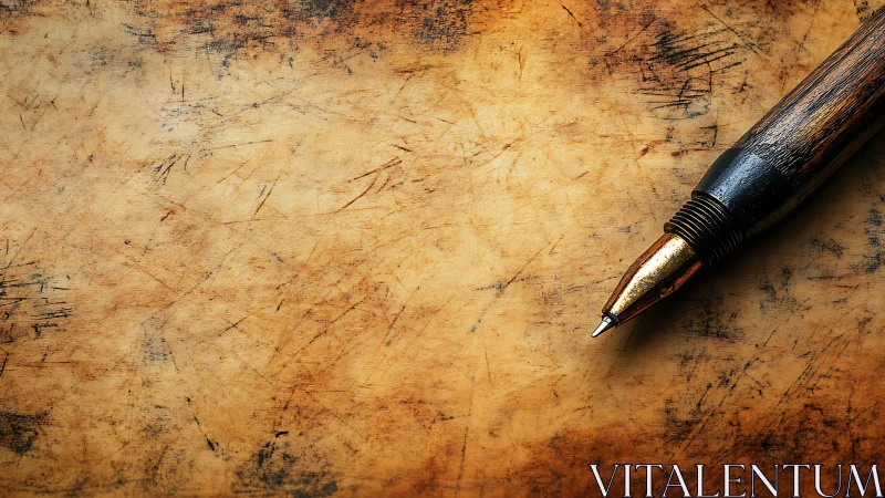 Wooden fountain pen on scratched brown paper surface.