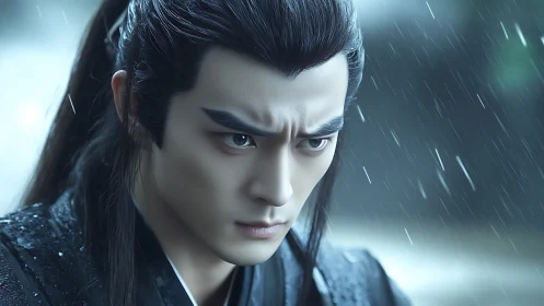 Stoic warrior in rain shows tense, focused expression