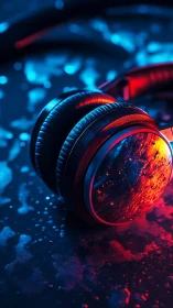 Neon-lit headphones render capture cybernetic audio atmosphere
