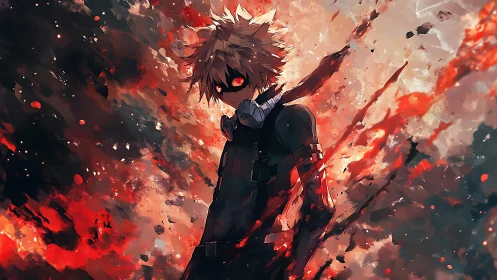 Explosive anime antihero amid blazing abstract chaos.