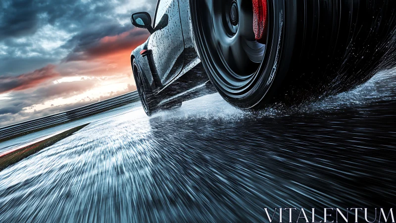 Sports car tire on wet racetrack under stormy sky.