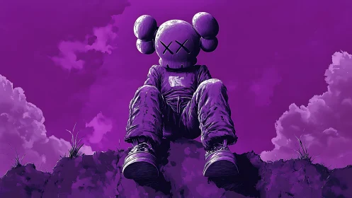 Solitary toy figure rests beneath a vast violet sky