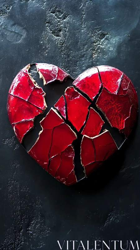 Shattered Red Heart on Dark Textured Surface