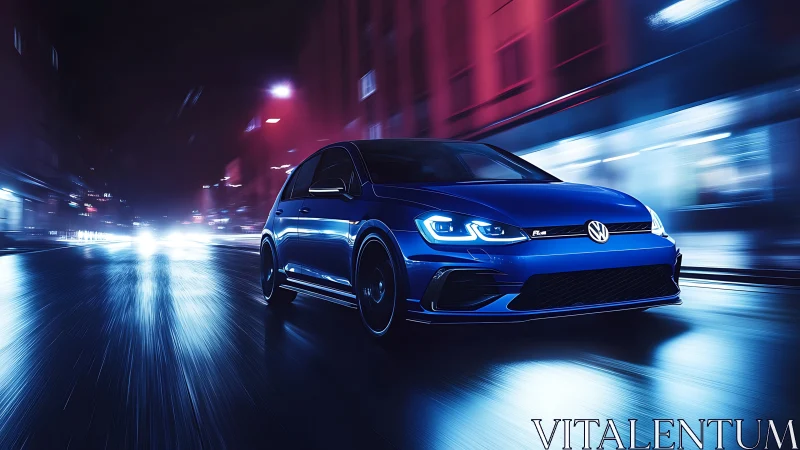 Blue Volkswagen hatchback drives fast through wet city street