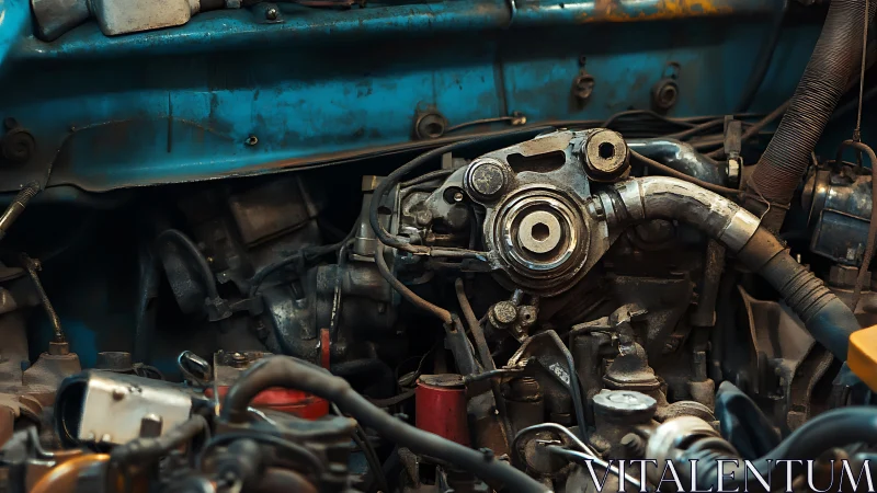 Aged car engine bay with worn metal, hoses and patina.