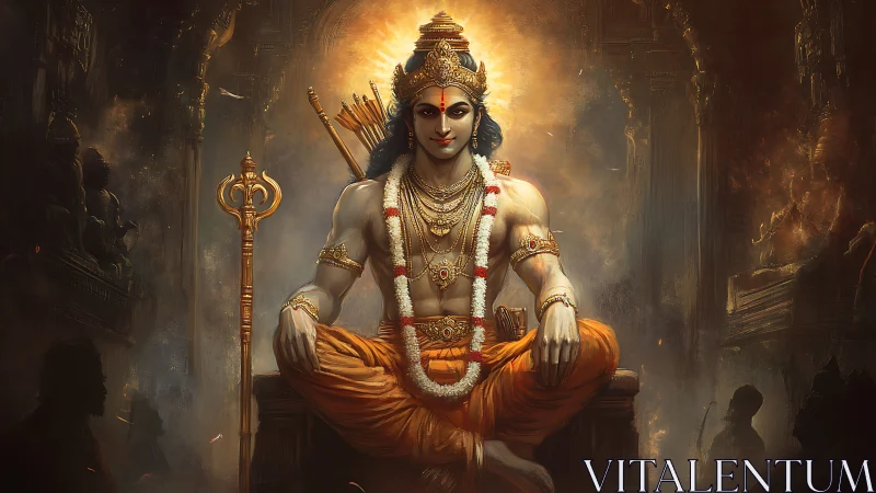 Seated mythic warrior figure in ornate temple interior setting.