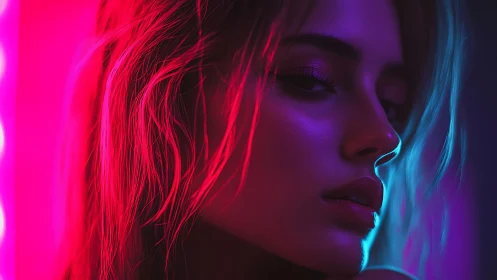 Portrait shows woman in saturated pink and blue neon lighting