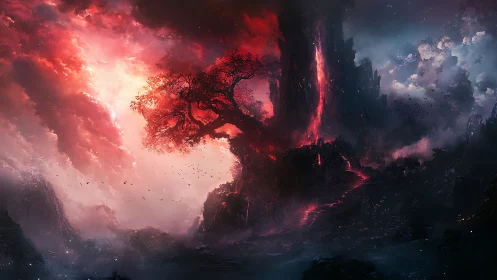 Crimson storm crowns a lone tree over the volcanic abyss
